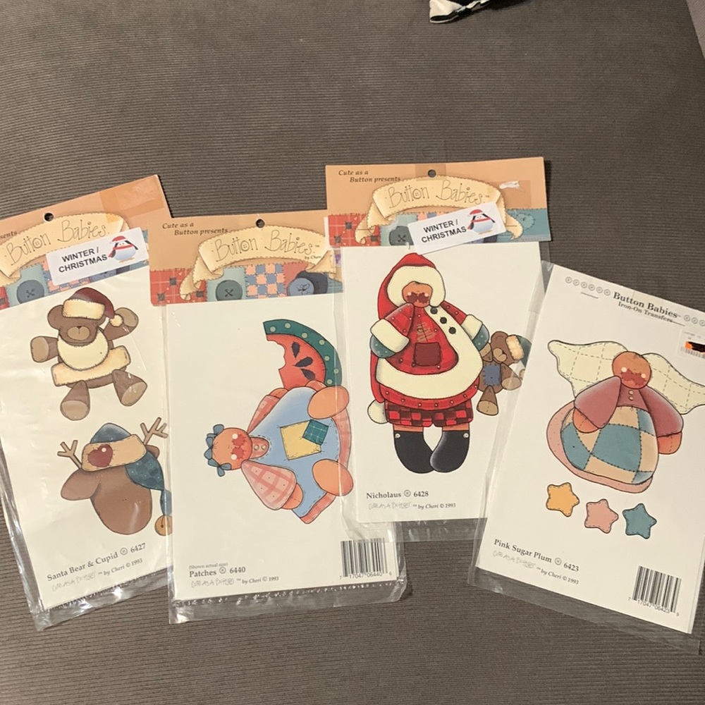 Vintage 1993 Button Babies Iron on Transfers (4) Summer and Xmas prints